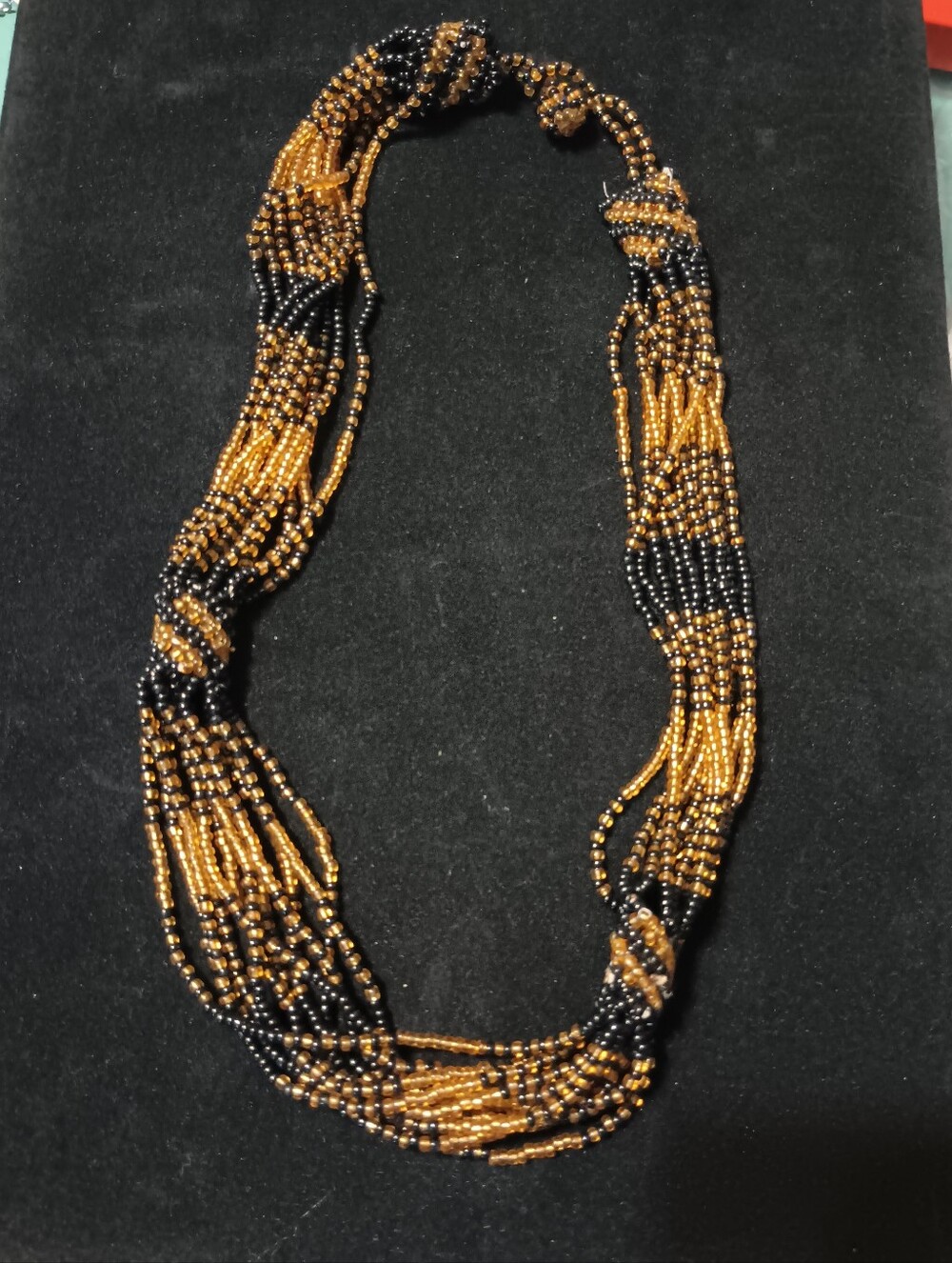 Vintage Black & Golden Bronke Seed Bead Necklace. Multi-Strand